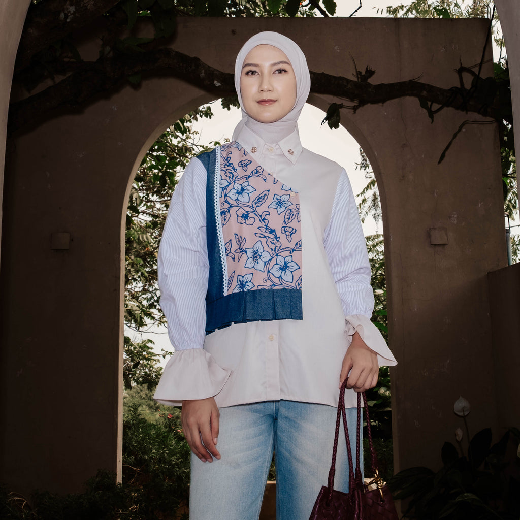 DYA ID Kinanti Batik Top Kemeja Batik Wanita Kombinasi Denim untuk Kerja Kantor kondangan Arisan