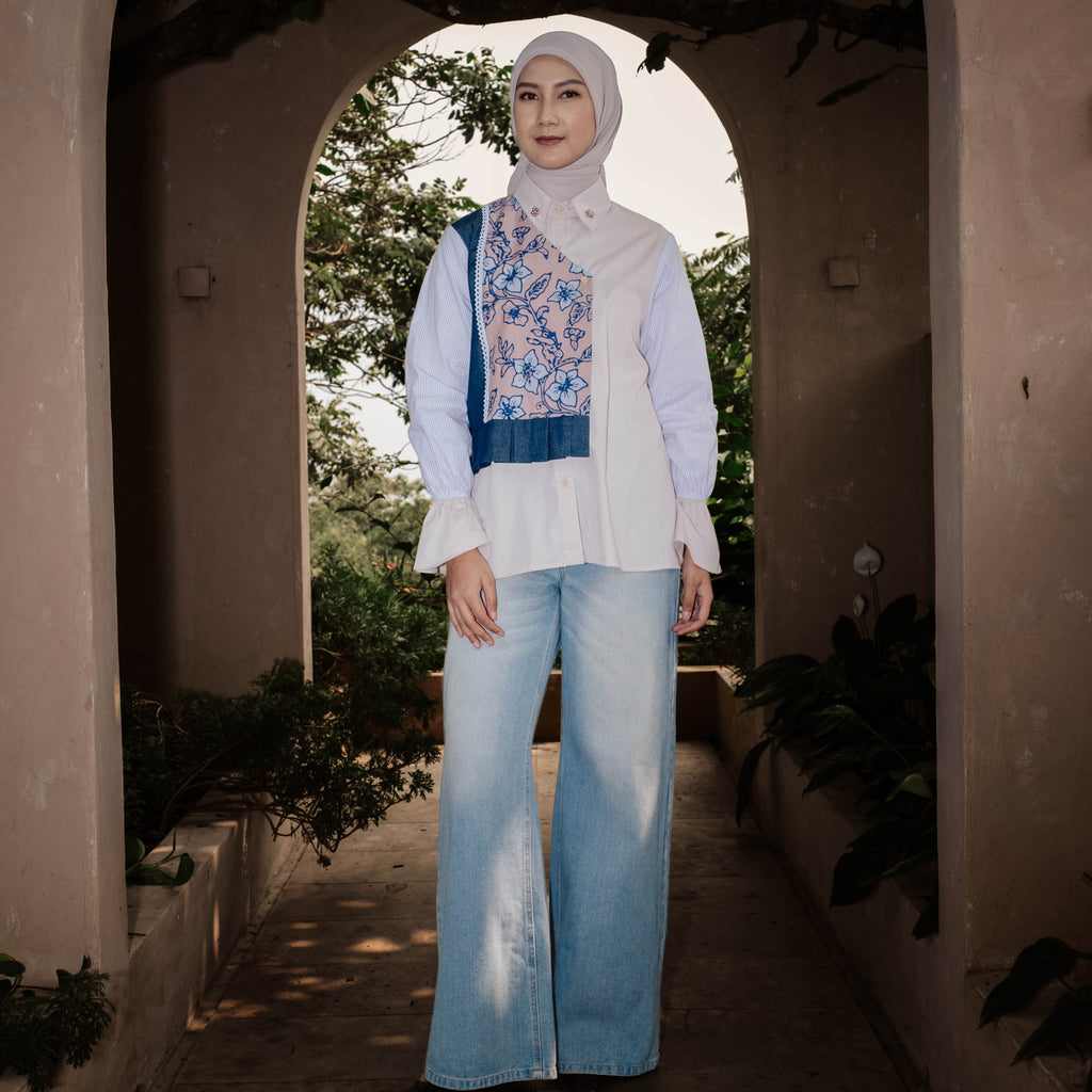 DYA ID Kinanti Batik Top Kemeja Batik Wanita Kombinasi Denim untuk Kerja Kantor kondangan Arisan