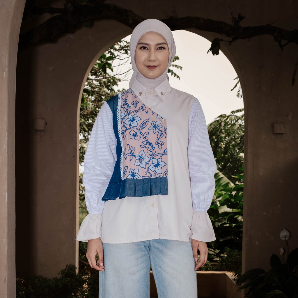 DYA ID Kinanti Batik Top Kemeja Batik Wanita Kombinasi Denim untuk Kerja Kantor kondangan Arisan